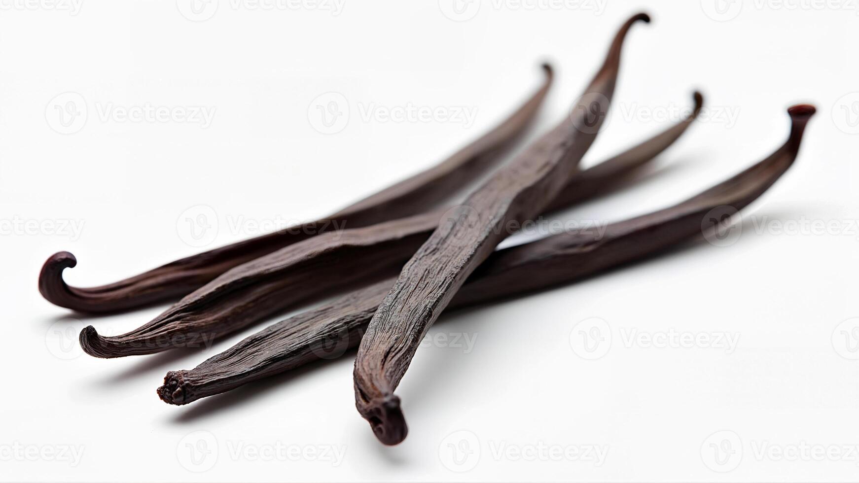 Several whole fresh vanilla pods are isolated on a clean white background. Suitable for culinary, food ingredient, and flavoring concept uses in digital or print projects. photo