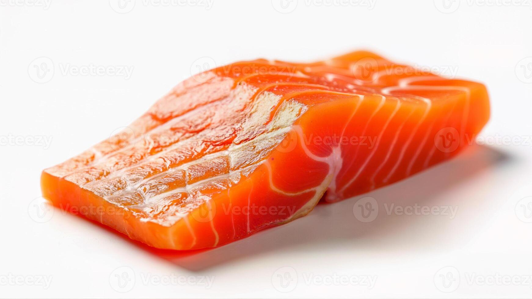 Raw salmon fillet with vibrant orange color and visible marbling, isolated on a white background. Suitable for culinary, nutrition, seafood, and healthy eating concepts in food industry visuals. photo