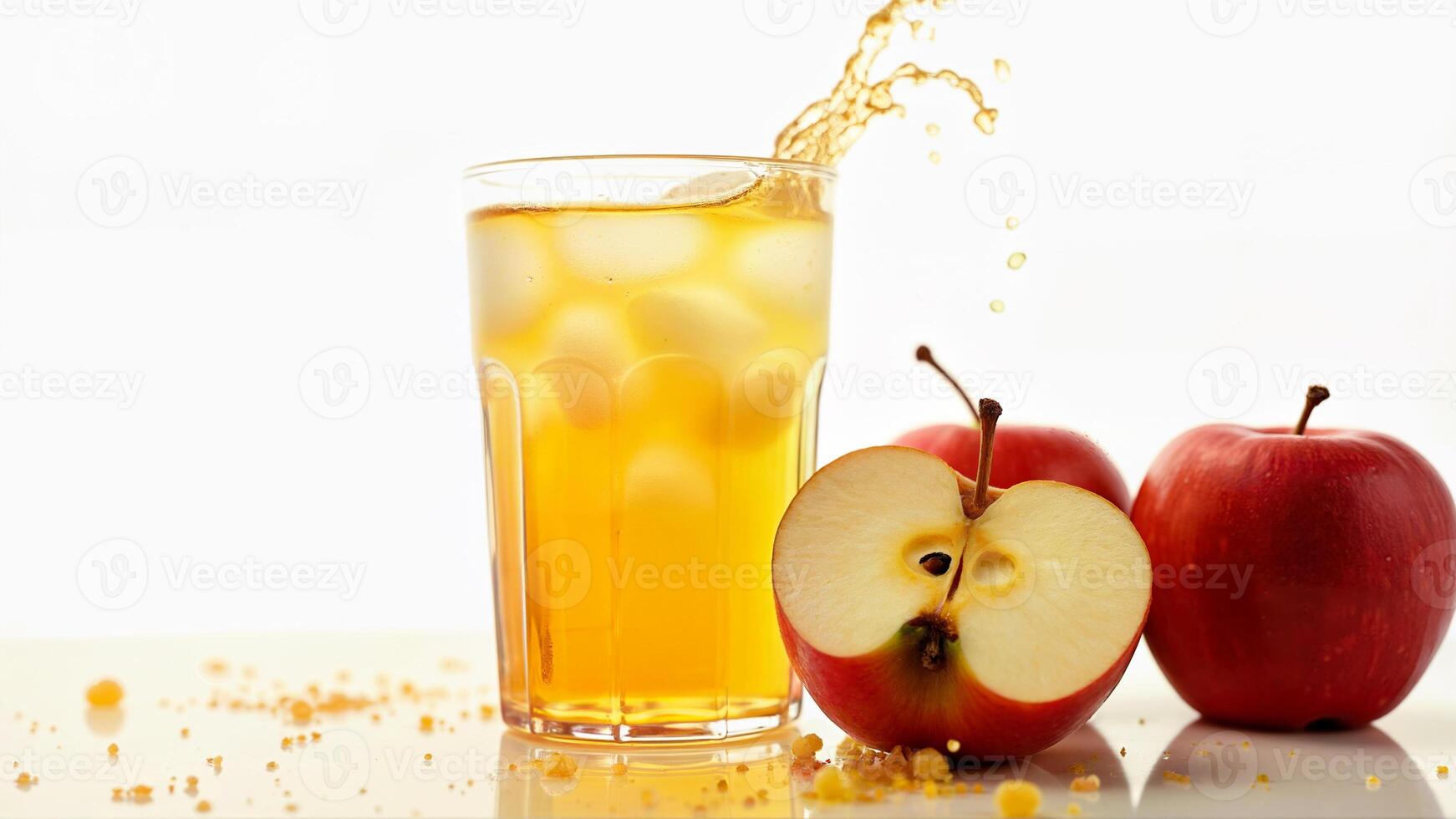 A glass of apple juice with ice, splashing next to red apples on an isolated white background. Suitable for illustrating fresh beverage concepts, healthy drink promotions, or fruit product advertisements. photo