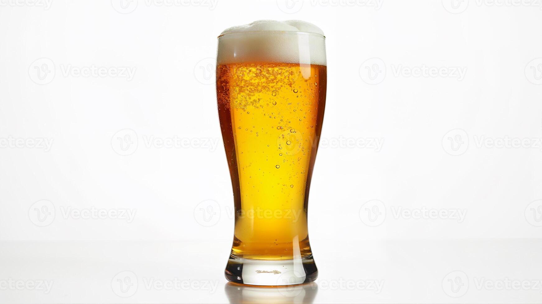 A tall clear glass filled with golden light beer and a foamy head is isolated on a white background. Suitable for beverage advertising, menu design, or illustrating drink concepts in digital and print media. photo