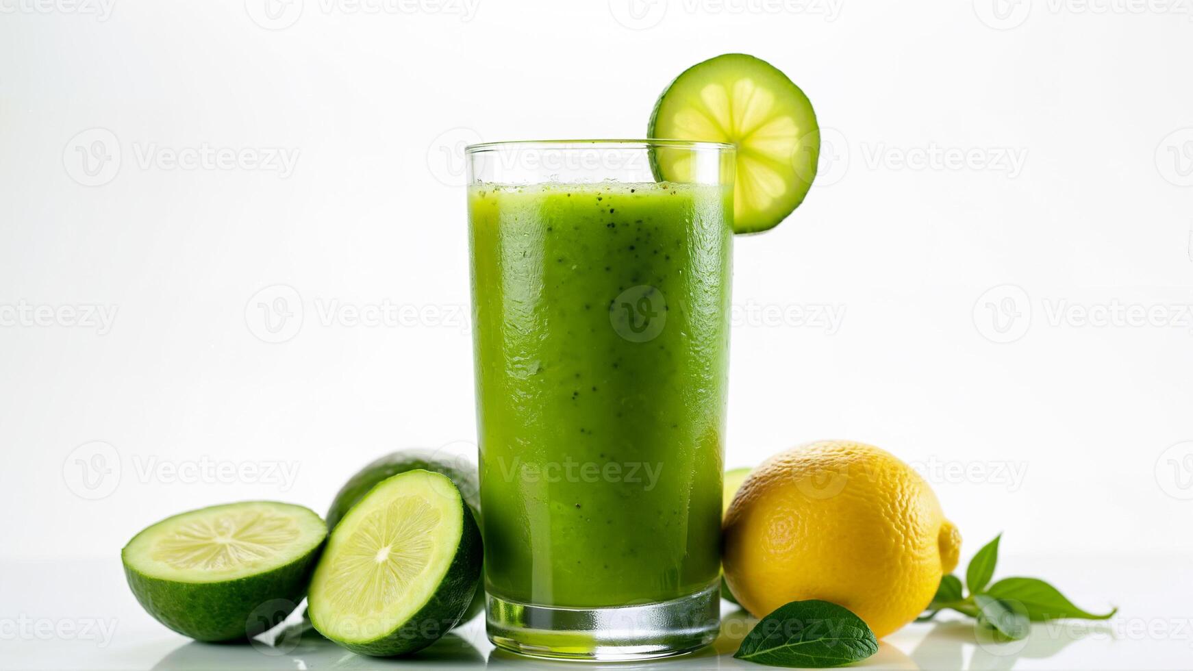 A glass of green smoothie made from blended fruits, surrounded by fresh lime, lemon, cucumber, and green leaves, isolated on a white background. Suitable for healthy eating, detox, and nutrition concepts in food and beverage promotions. photo