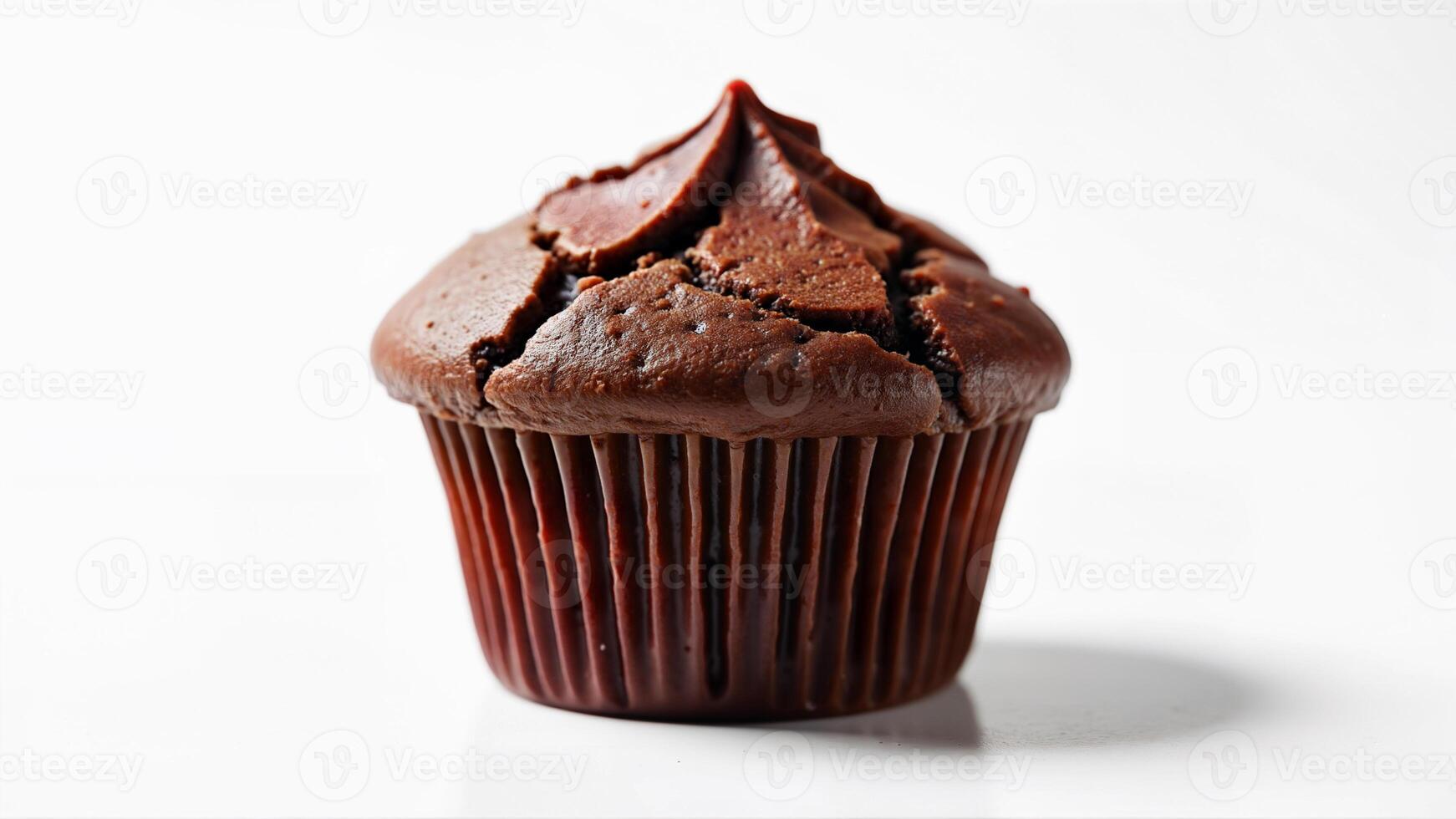 A single sweet chocolate muffin is isolated on a clean white background. Suitable for bakery menus, dessert promotions, or food blogs photo