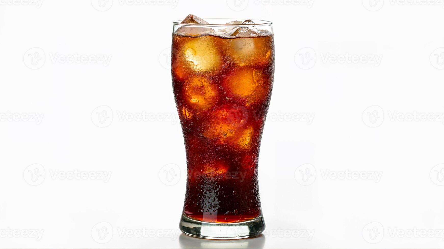 A cold glass of cola filled with ice cubes isolated on a white background. Suitable for beverage advertisements, menu designs, and refreshment concepts. photo
