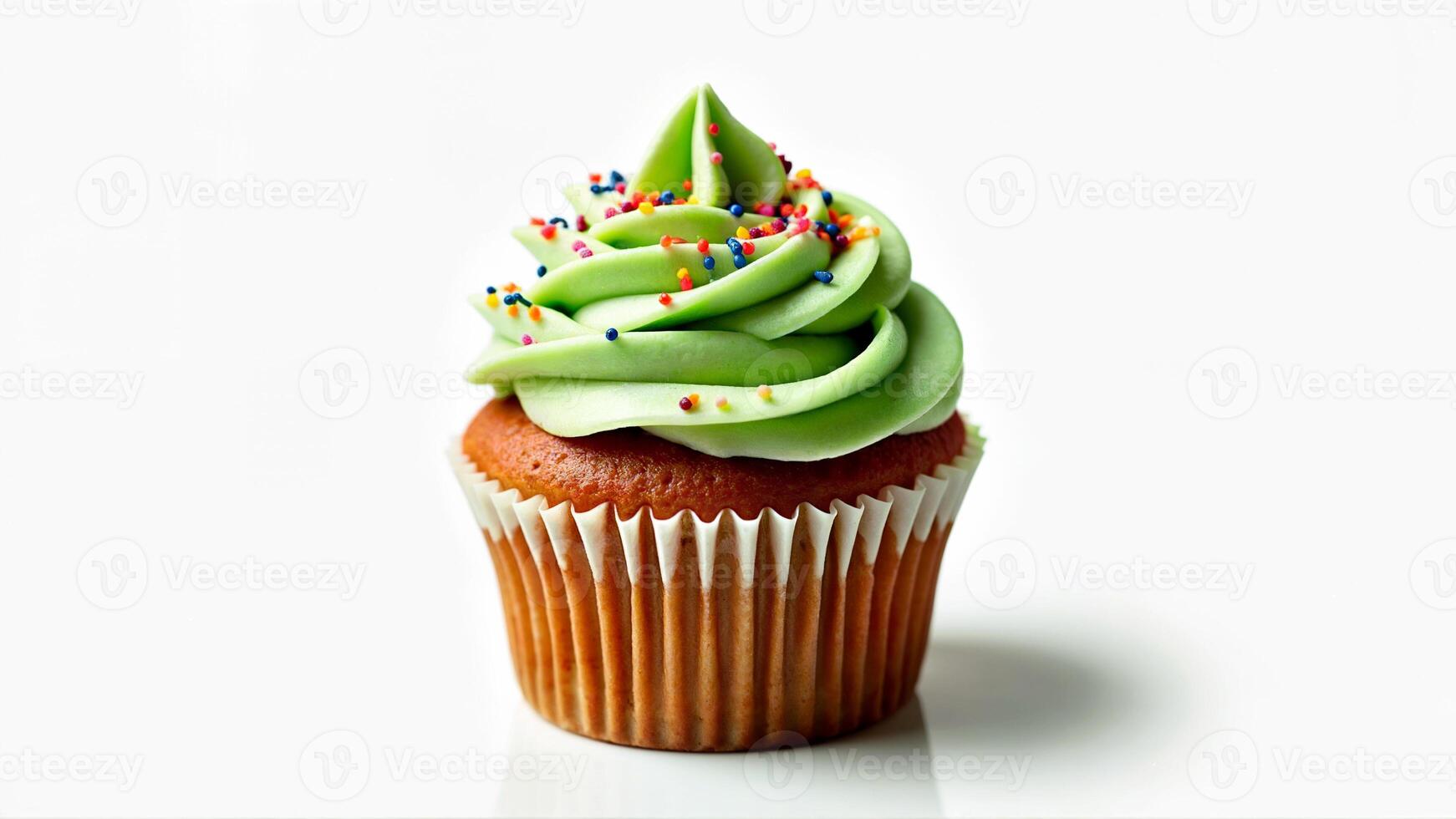 A single sweet cupcake with green buttercream frosting and multicolored sprinkles is isolated on a white background. Suitable for bakery menus, dessert promotions, or food blog visuals. photo
