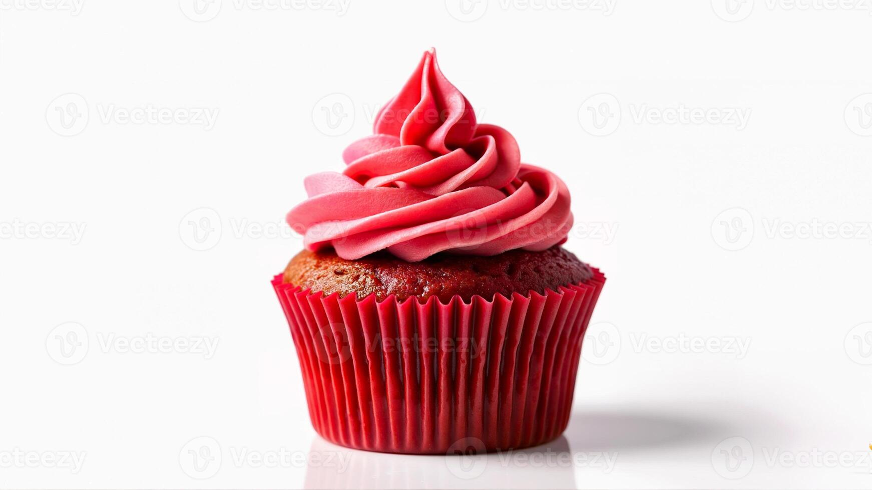 A single red cupcake with vibrant pink swirled frosting is isolated on a white background. Suitable for bakery menus, dessert promotions, or food blog visuals. photo
