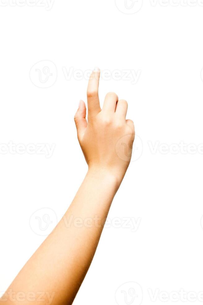 A single human hand with fingers extended is isolated on a white background, pointing upward. Suitable for concepts involving direction, selection, touch, or interface interaction in digital or print media. photo
