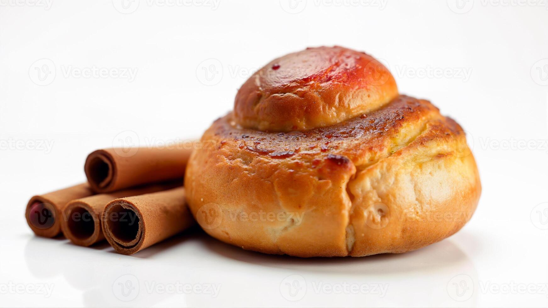 A golden brown cinnamon bun and cinnamon sticks isolated on a white background. Suitable for bakery menus, food blogs, or recipe websites. photo