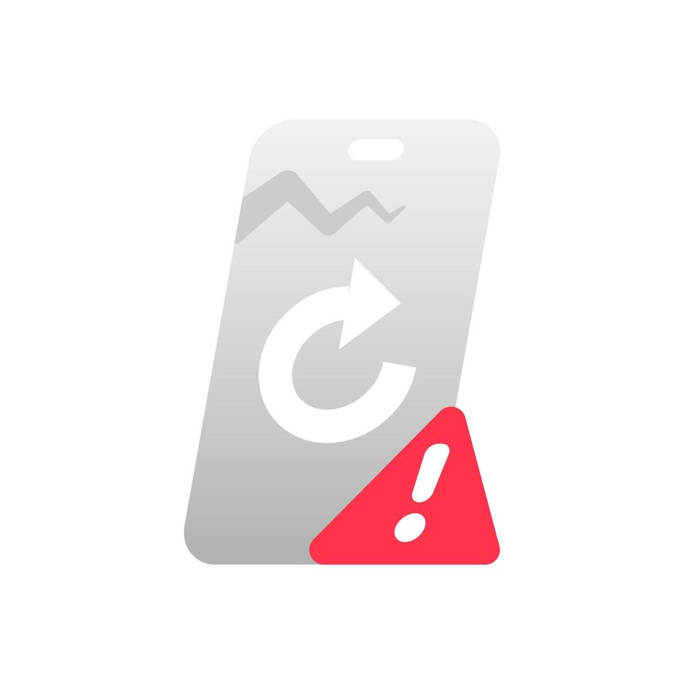 Illustration of a broken smartphone screen with refresh icon and exclamation mark. failed page load, app crash, connection error, or mobile system failure. app error screens ui vector