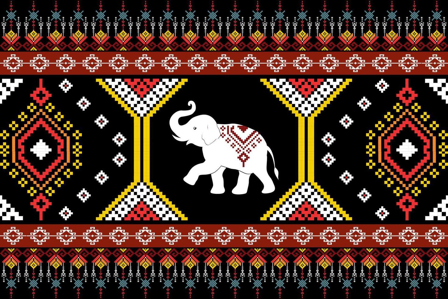 an elephant in a tribal pattern on a black background vector