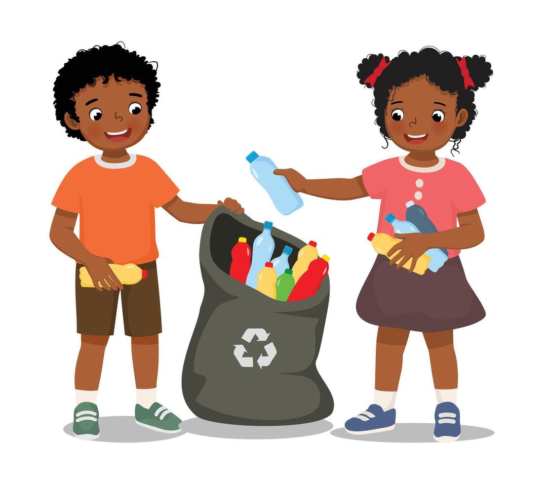 Children recycling plastic bottles together vector