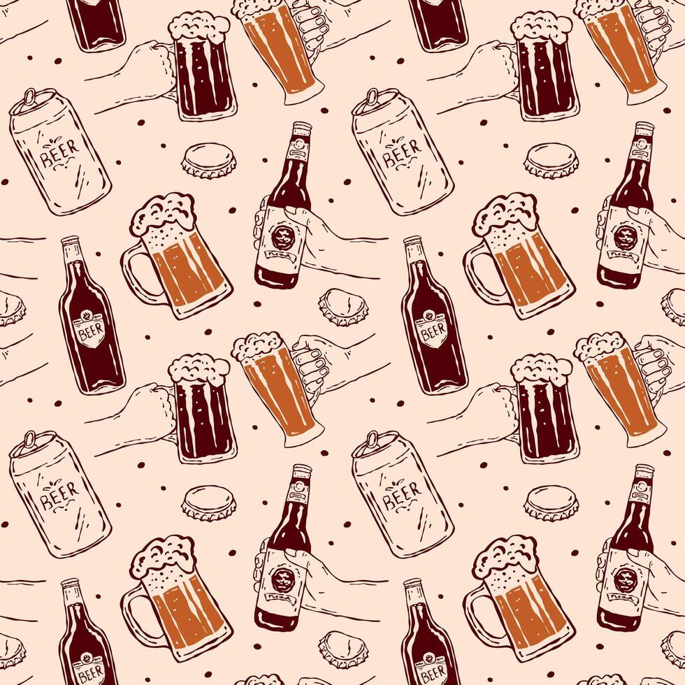 Seamless craft pattern with hand drawn doodle brewery icons. Includes beer bottles, mugs, barrels, hops, malt, and glasses vector