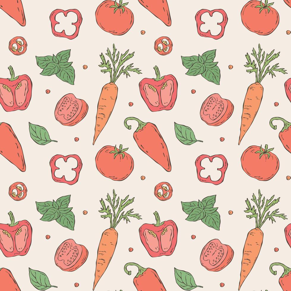 Seamless pattern featuring hand drawn illustrations of bell pepper, tomato, carrot, and basil. Minimal doodle style sketches highlighting freshness and natural ingredients vector