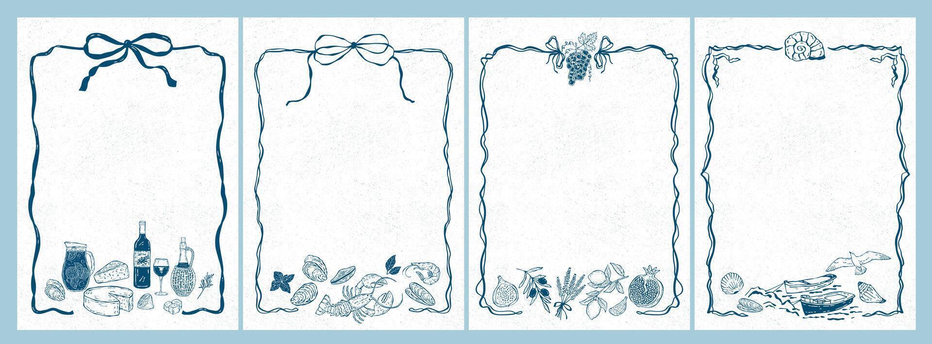 Hand-drawn illustration with a decorative wavy frame, ribbon, and Mediterranean food elements such as cheese, wine, mussels, vegetables, fruits, shells, and marine motifs. Suitable for menu design vector
