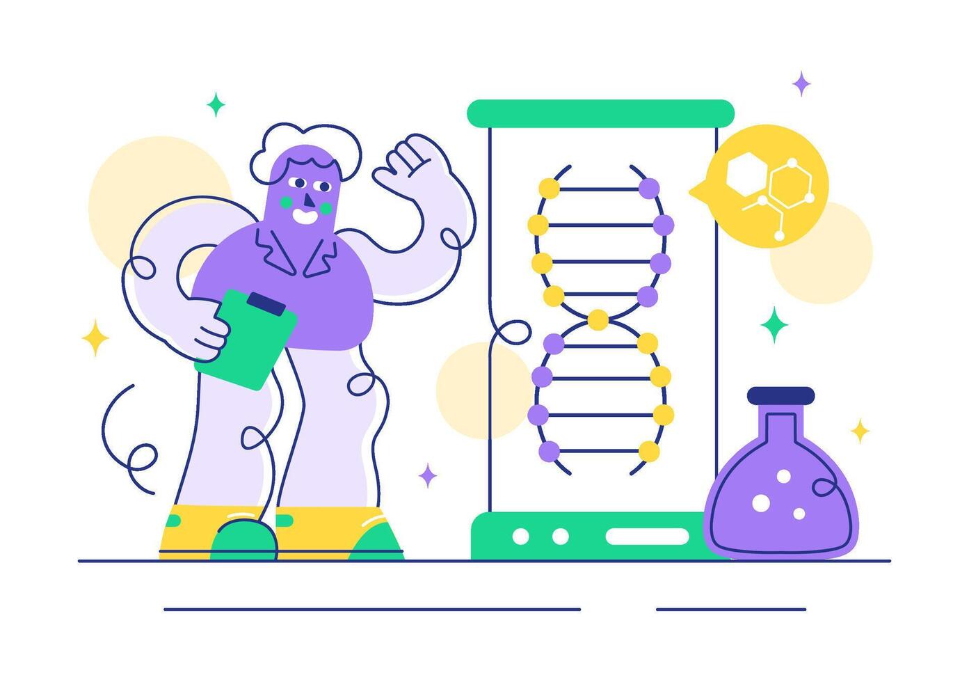 Science Lab with DNA Molecule and Genetics Study in Flat Style Background vector