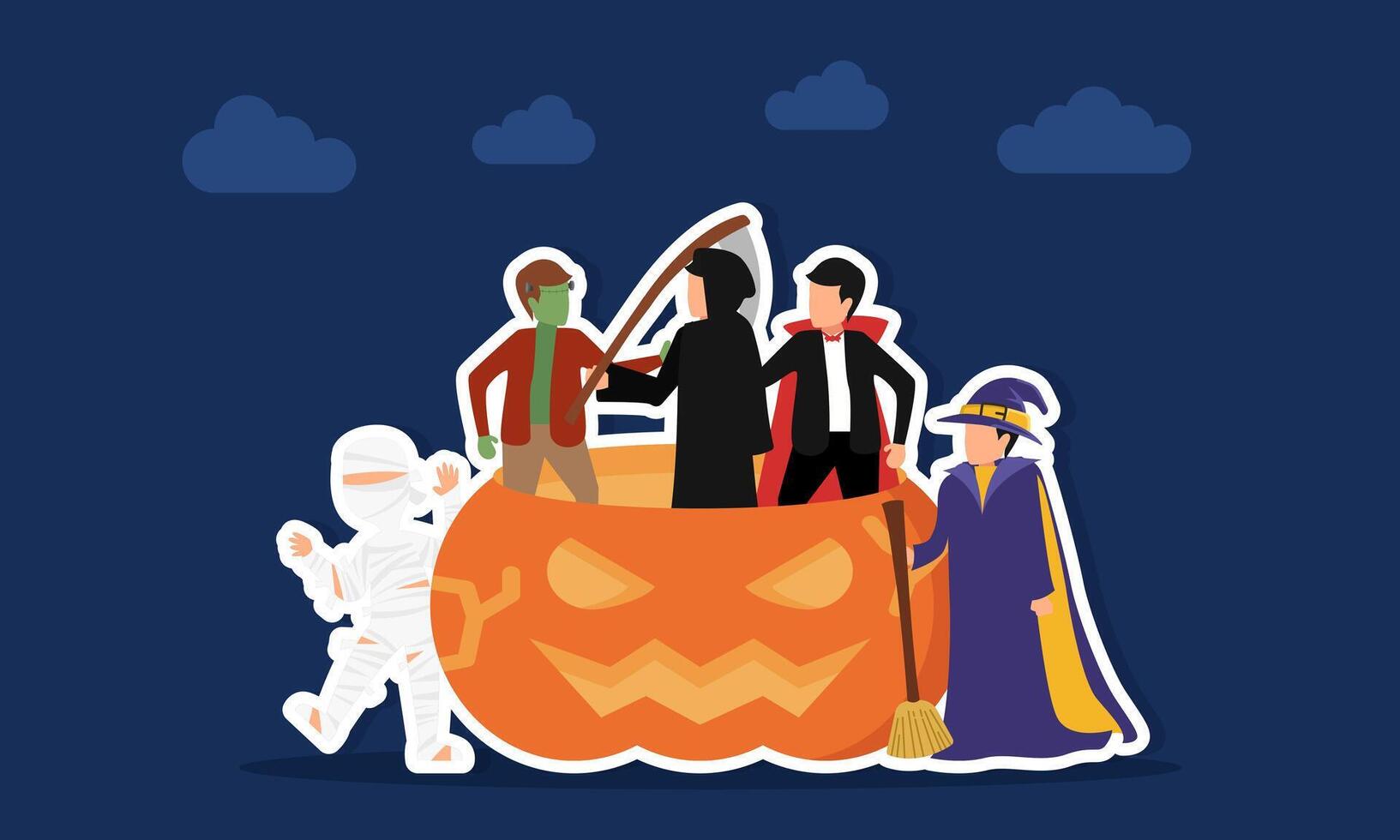 Mummy witch zombie monster grim reaper and vampire gathering near a pumpkin with evil expressions illustration of appreciation for halloween day edition vector