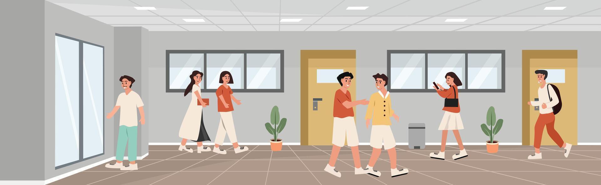 Students interacting in a school corridor vector
