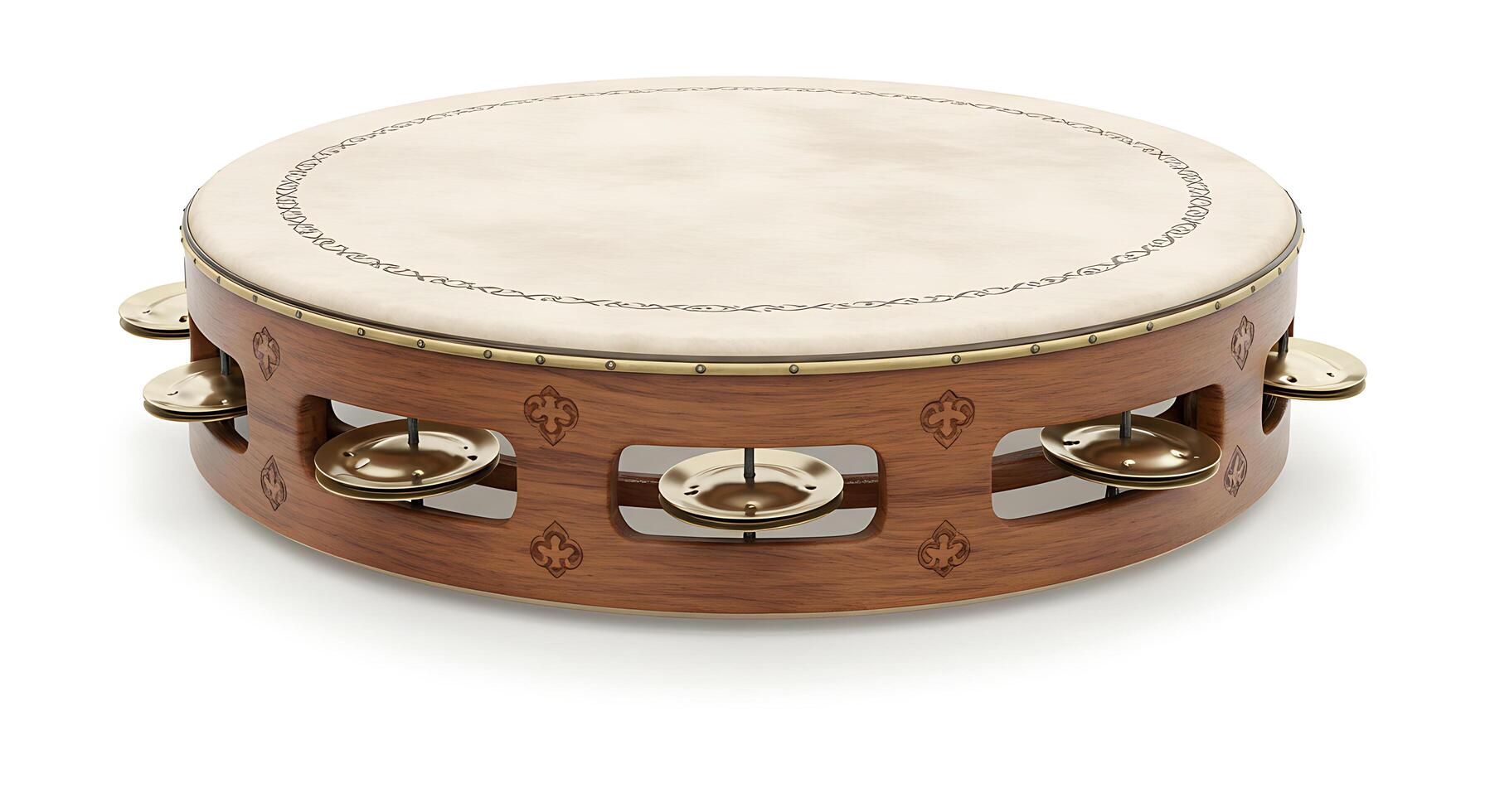 Isolated Tambourine Musical Instrument with Wooden Frame and Metal Jingles photo