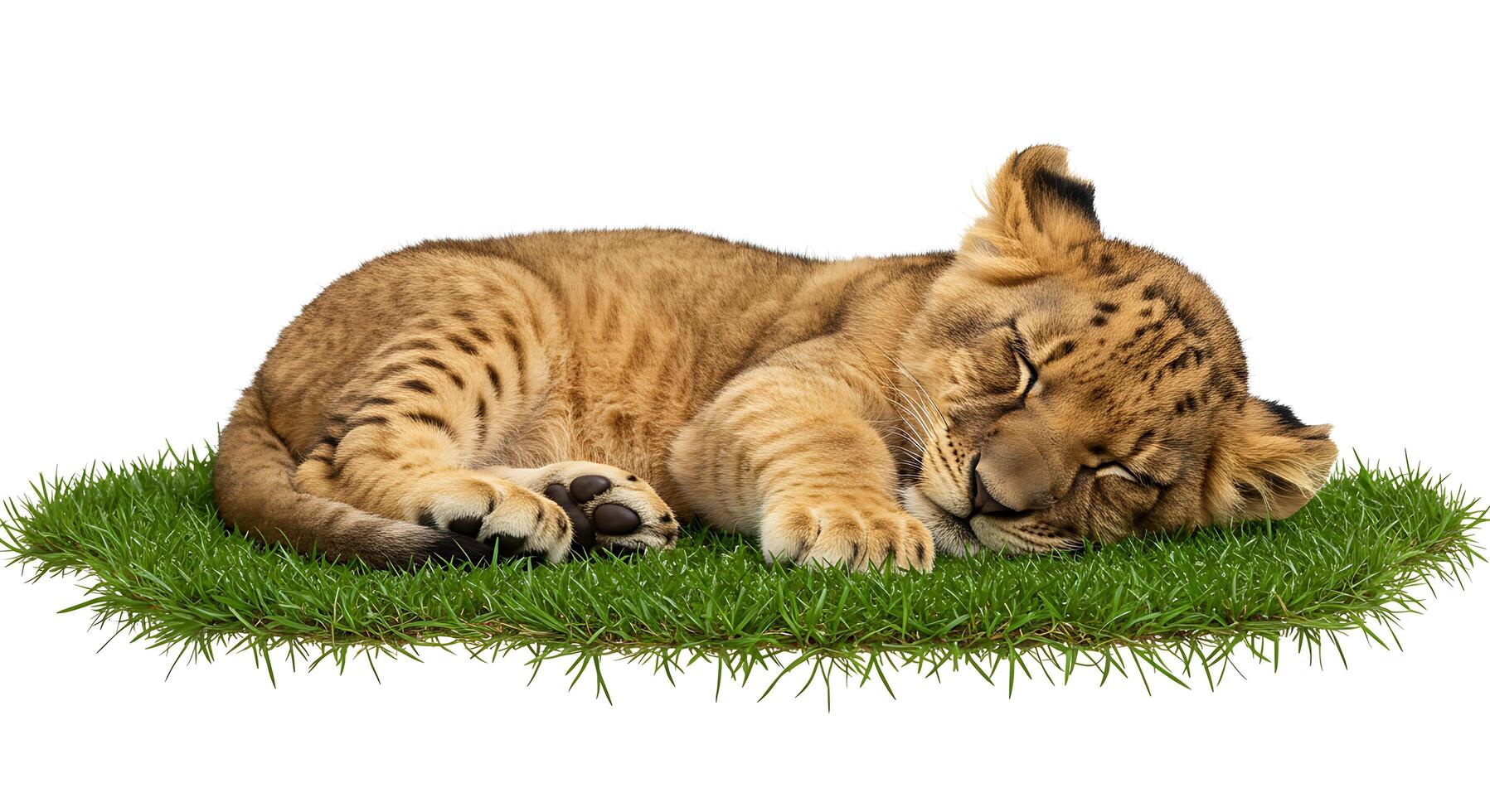 Adorable Lion Cub Sleeping Peacefully on Grass photo
