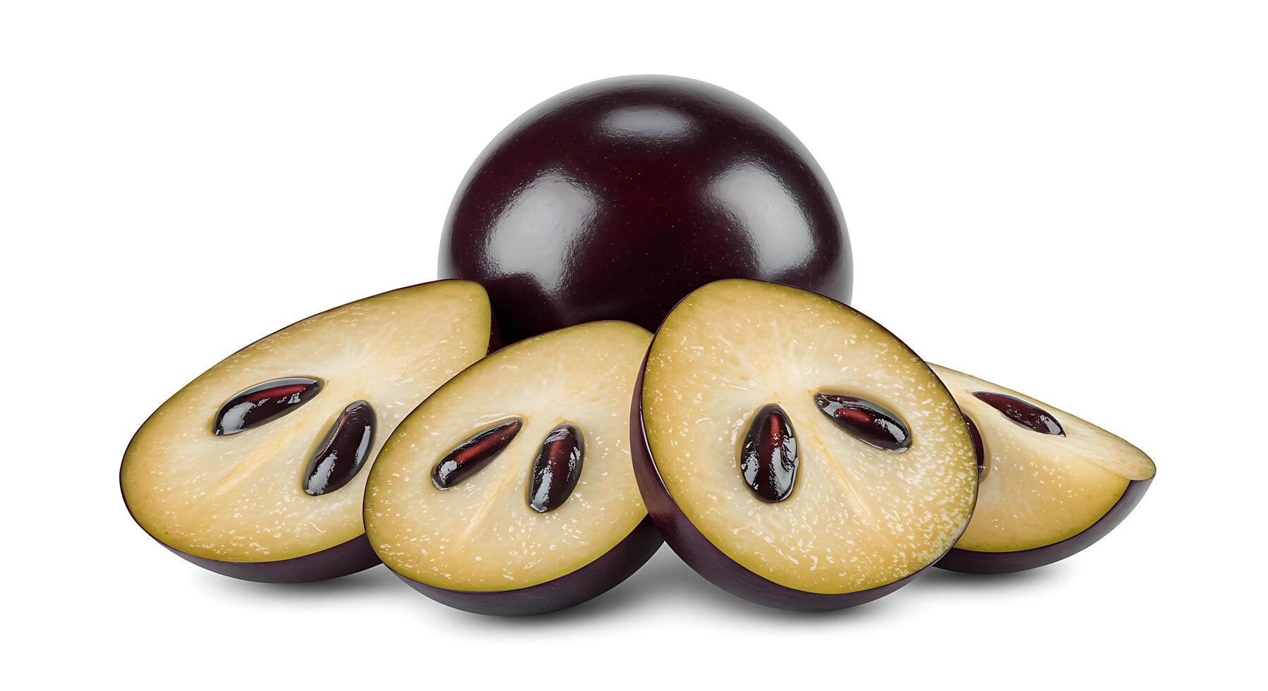 Star Apple Display with Whole and Sliced Fruit on White Background photo