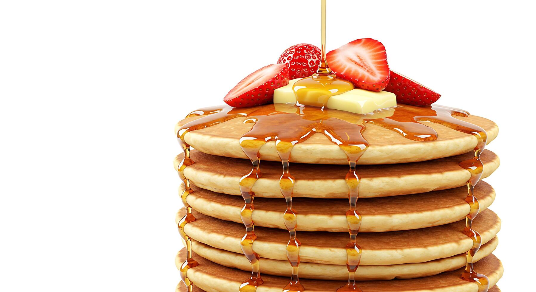 Delicious Stack of Buttery Pancakes Drizzled with Golden Syrup and Topped with Fresh Strawberries photo