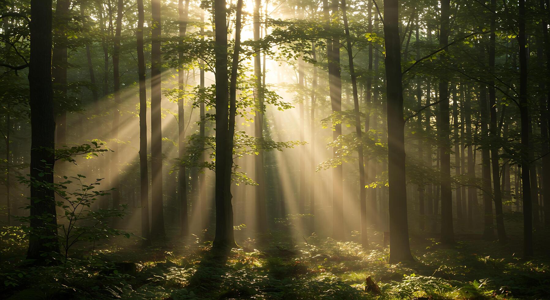 Sun Rays Streaming Through Forest Trees Creating a Magical Atmosphere photo