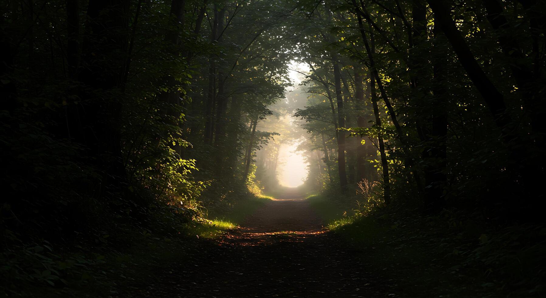 Walking Path Through a Forest with Light Shining at the End photo