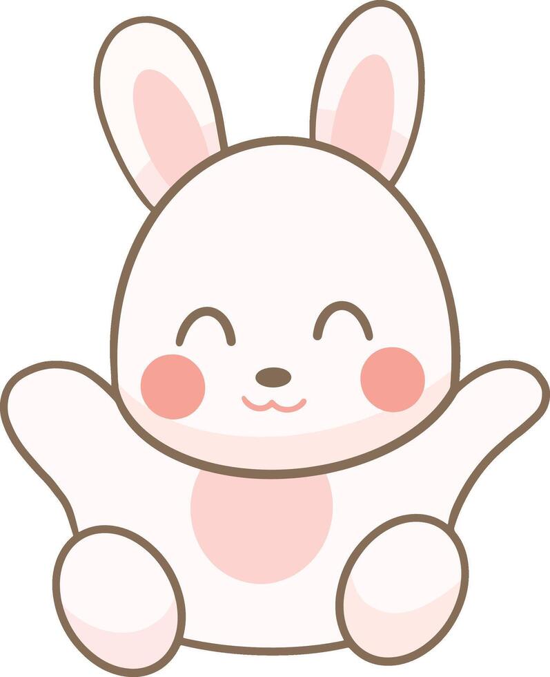 A cute white rabbit with pink cheeks is sitting with his hands raised. vector
