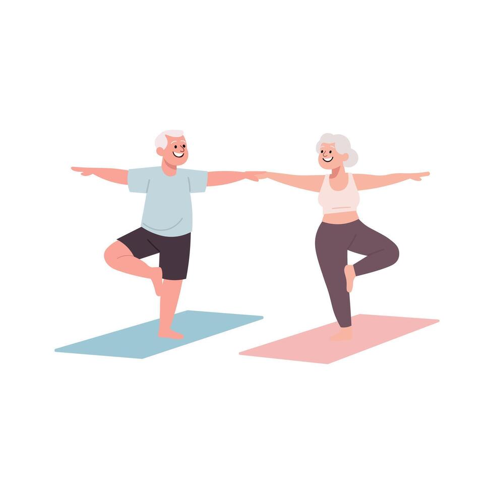 Senior couple practicing yoga together vector