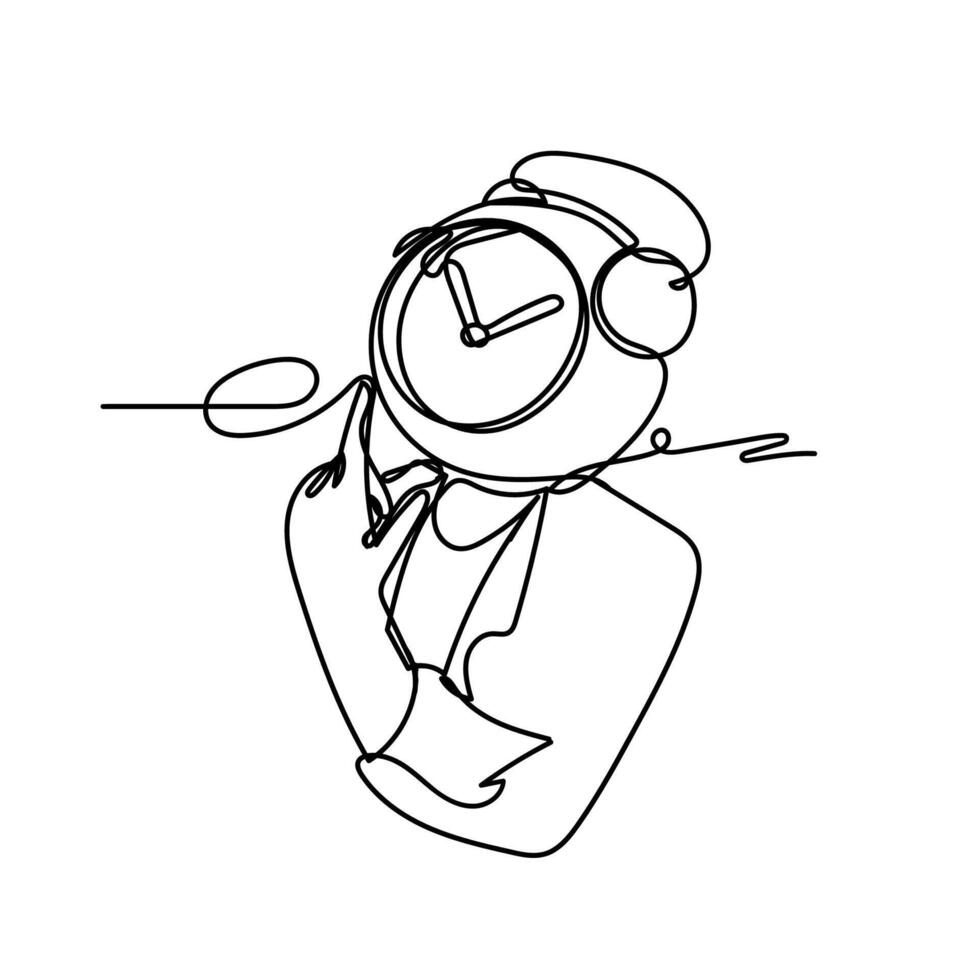 continuo línea dibujo de un hombre con un reloj en su cabeza vector
