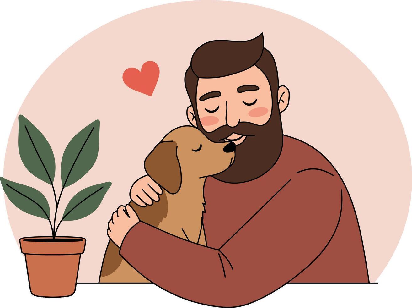 Man hugging a dog with love and a plant vector