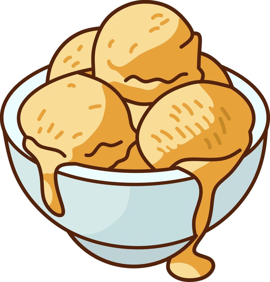 Vanilla Ice Cream Scoops with Caramel Topping in Blue Bowls vector