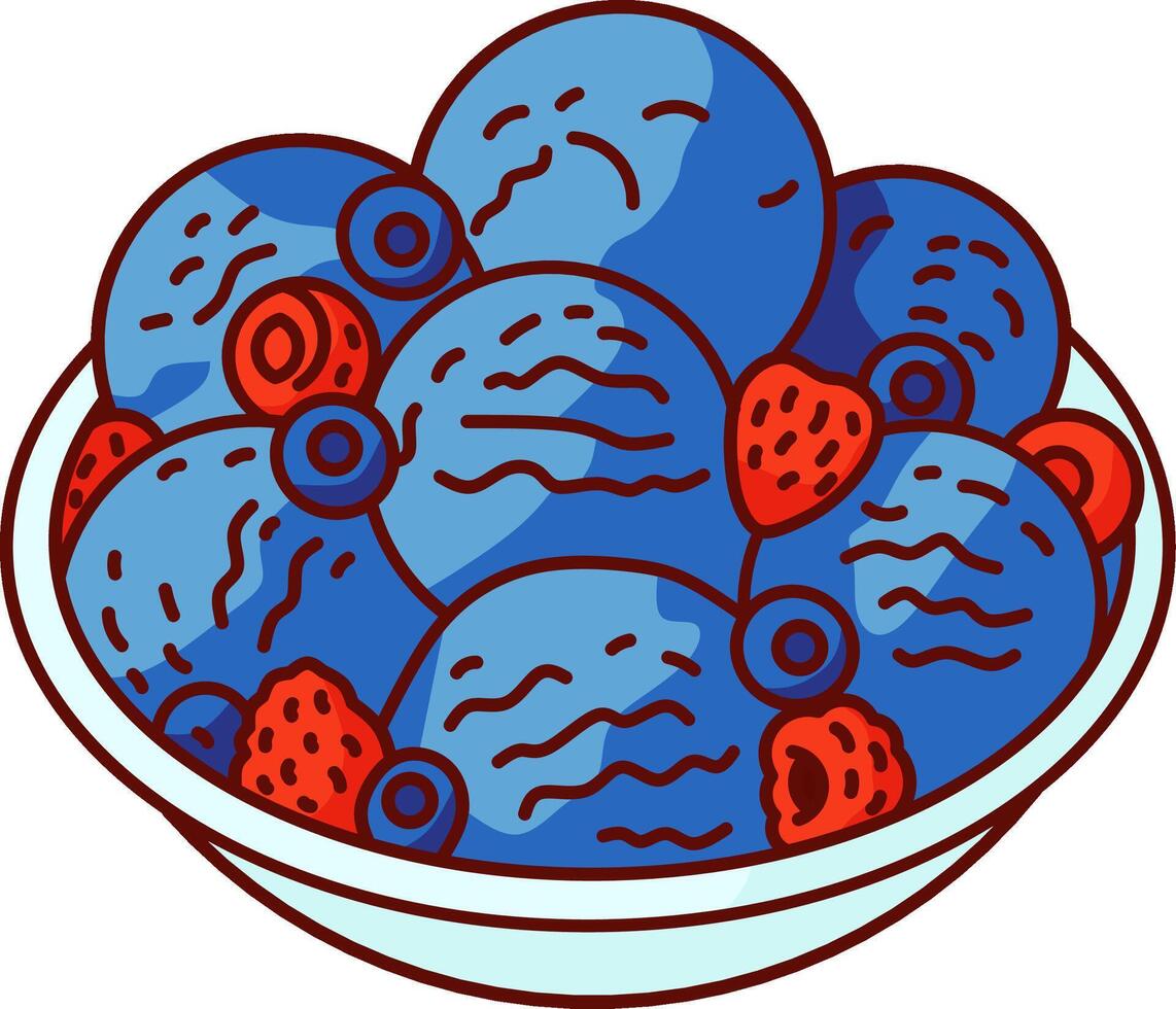 Blueberry Ice Cream Scoops with Strawberries in Bowl vector