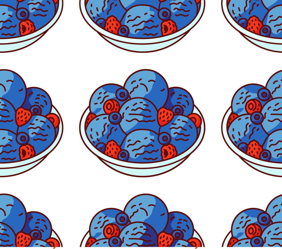 Seamless Pattern of Blueberry Ice Cream Scoops with Strawberries in BowlSeamless Pattern of Blueberry Ice Cream Scoops with Strawberries in Bowl vector