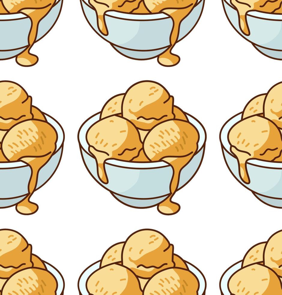 Seamless Pattern of Vanilla Ice Cream Scoops with Caramel Topping in Blue Bowls vector
