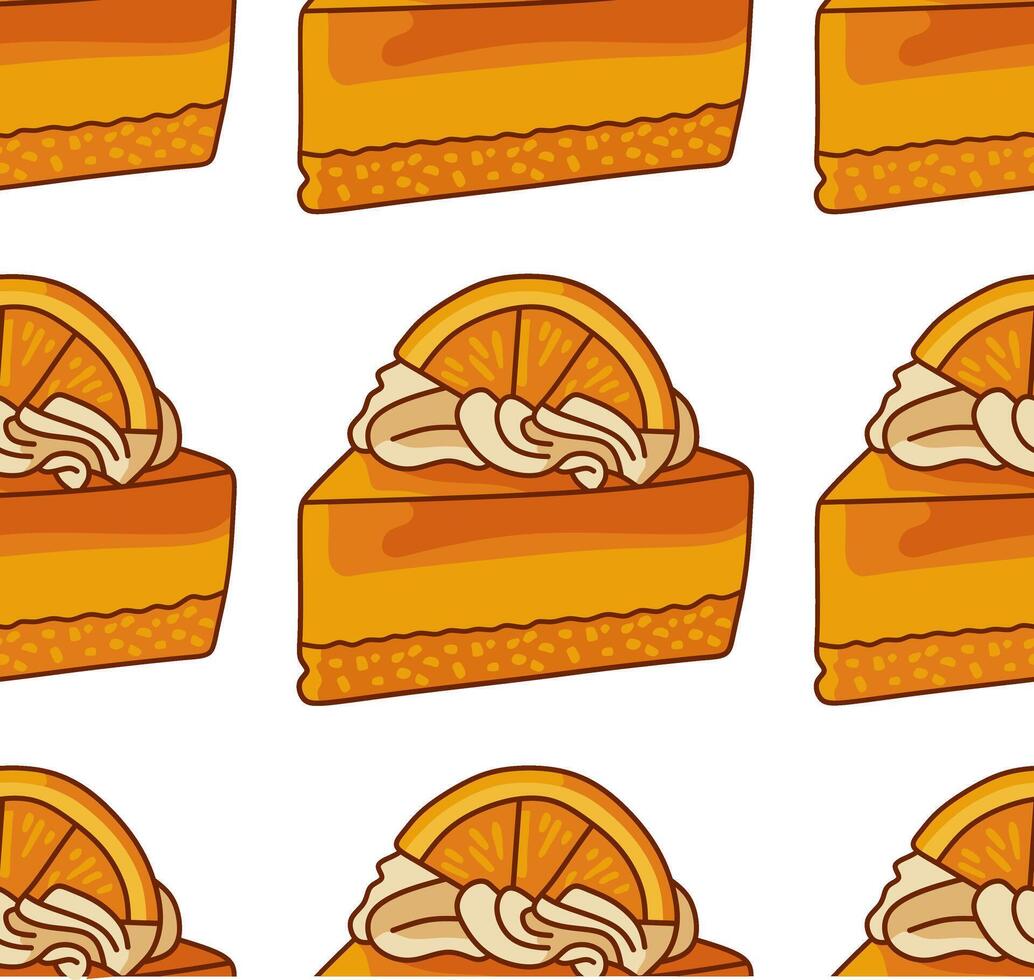Seamless Pattern of Orange Cheesecake Slices with Cream and Orange Slices vector