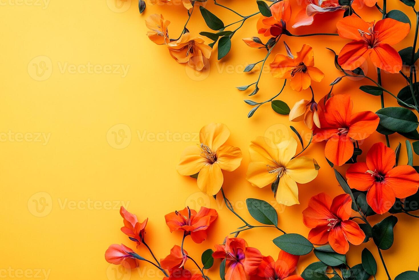 Campsis on a vibrant background, top view photorealistic plant photo