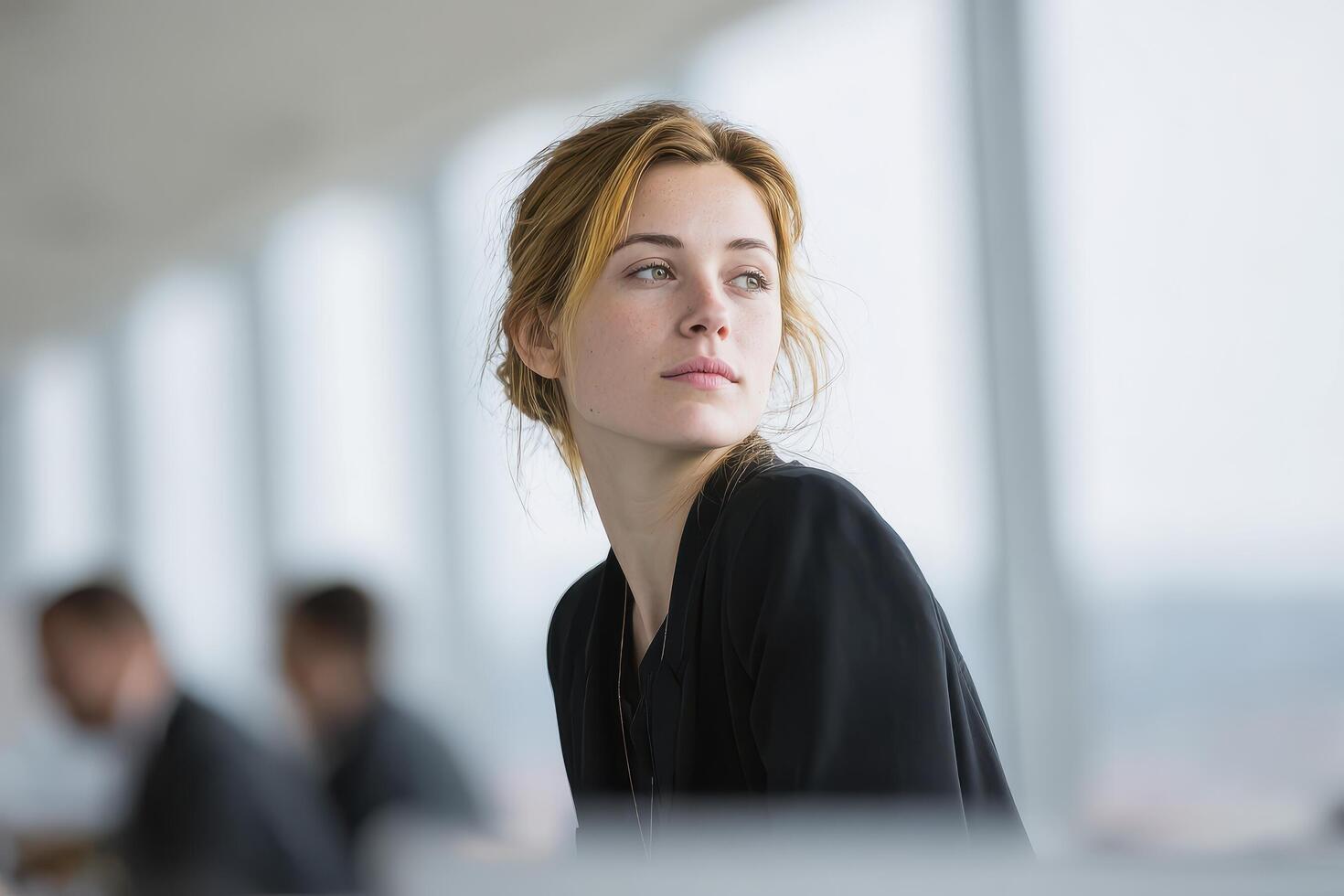 A woman sitting at a desk in an office photo
