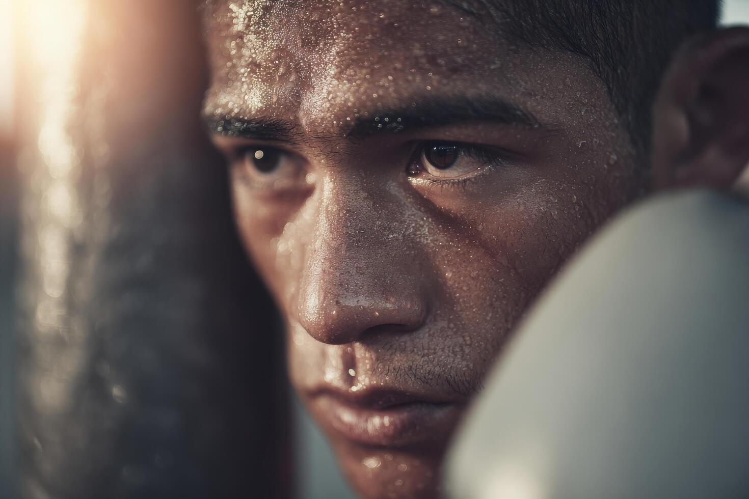 A man with a boxing glove on his face photo
