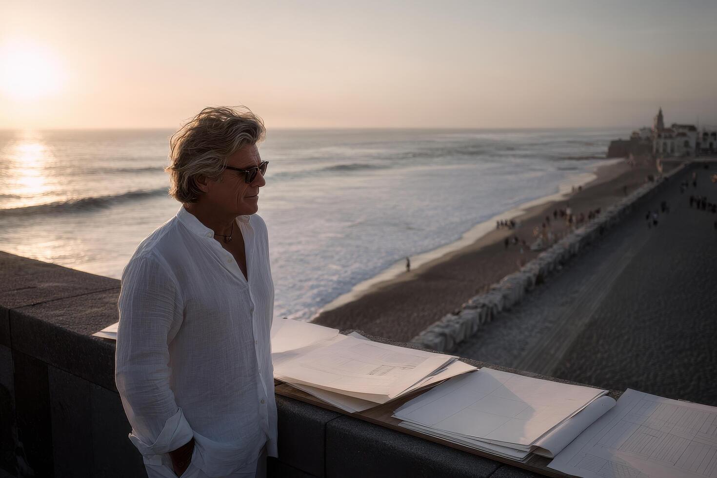 yacht designer stands against mesmerizing backdrop of ocean lost in thought about innovative projects photo