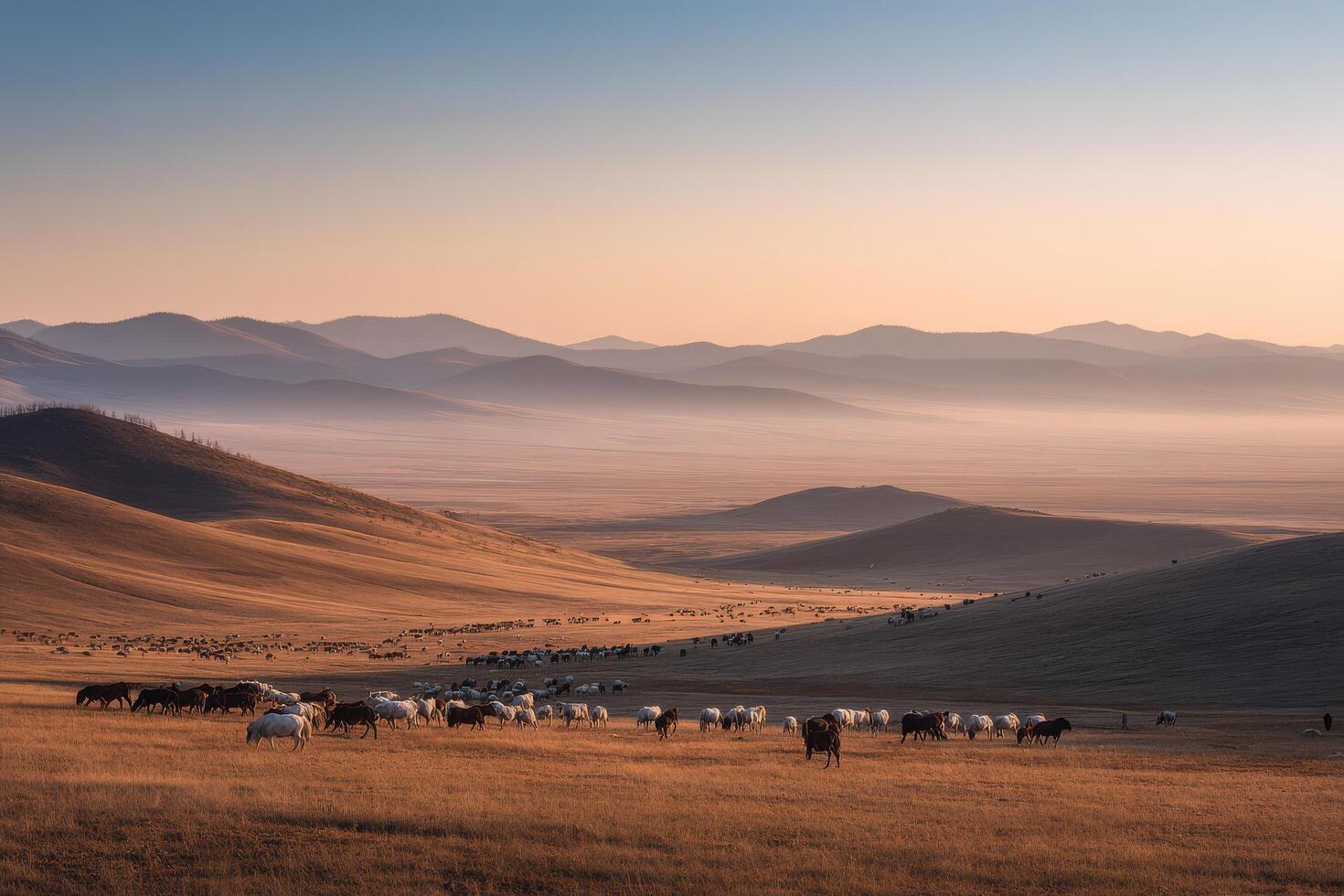 breathtaking sunrise over vast steppe grassland in mongolia showcasing beauty of geometric patterns in land photo