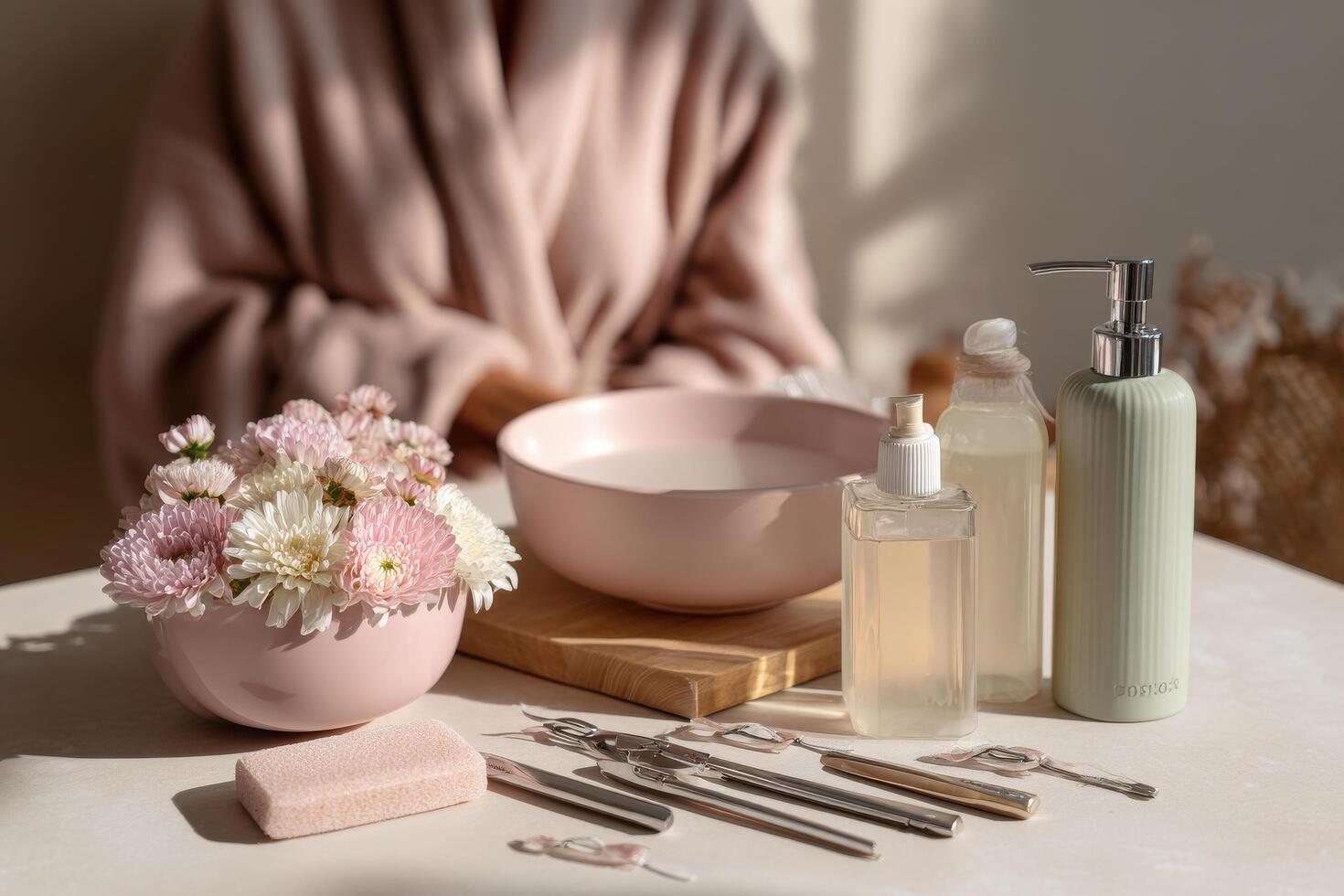 A woman is sitting on a table with various beauty products photo