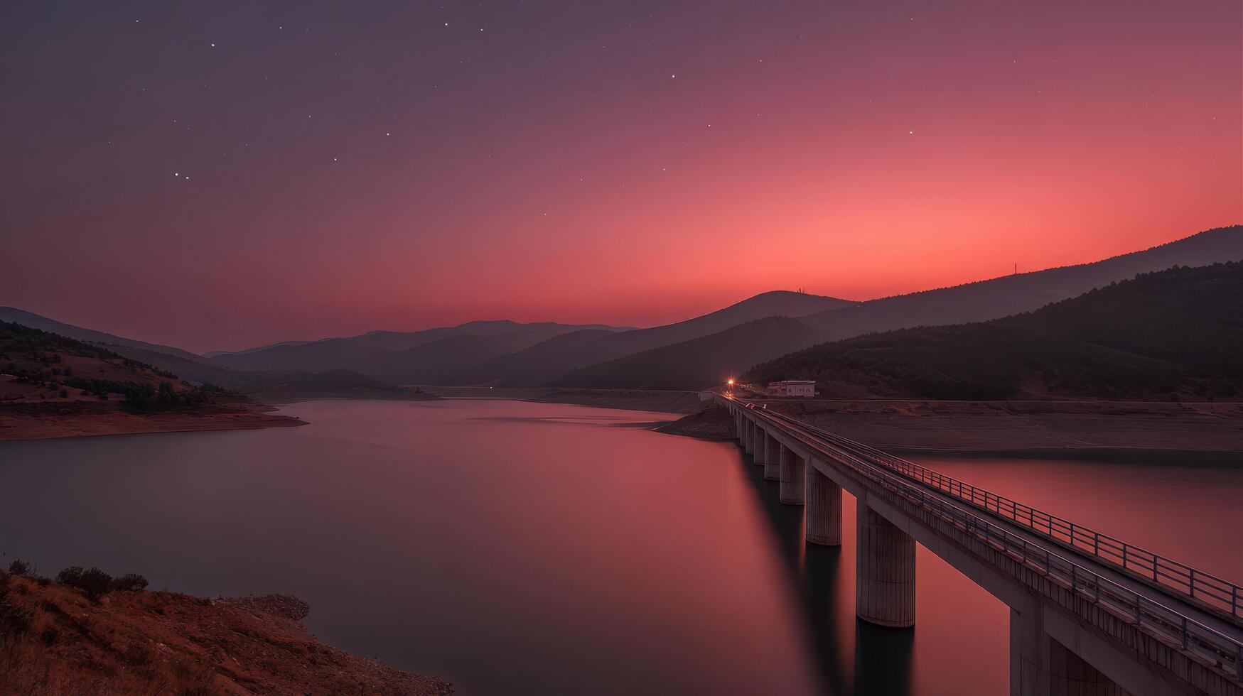 A bridge over a lake at sunset with mountains in the background photo