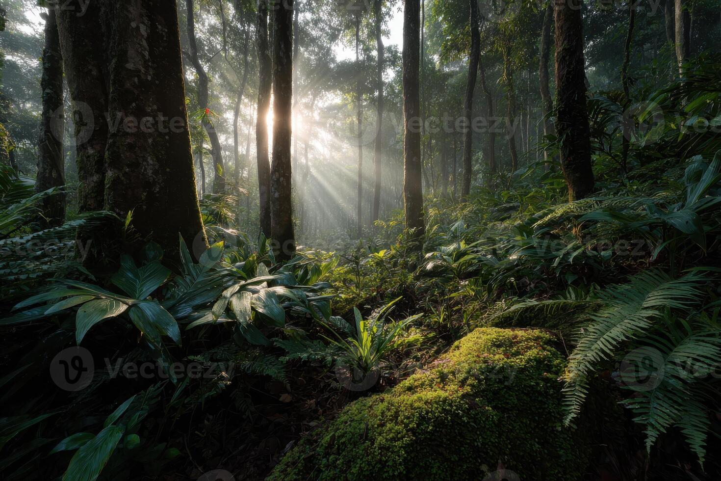 Sunlight shining through the trees in a tropical forest photo