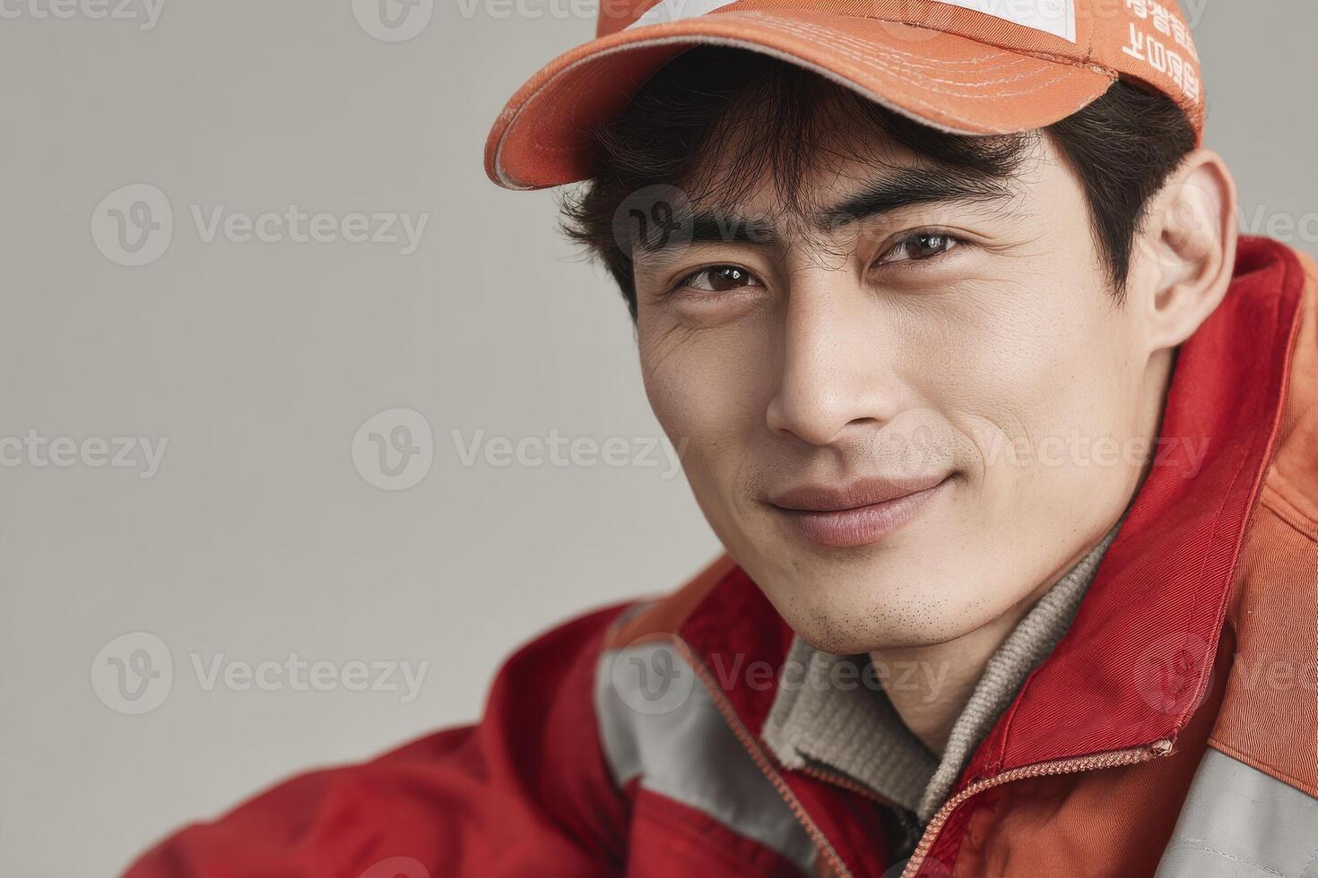 portrait of mechanic assembler positioned on right side against light gray background with bright red accent photo
