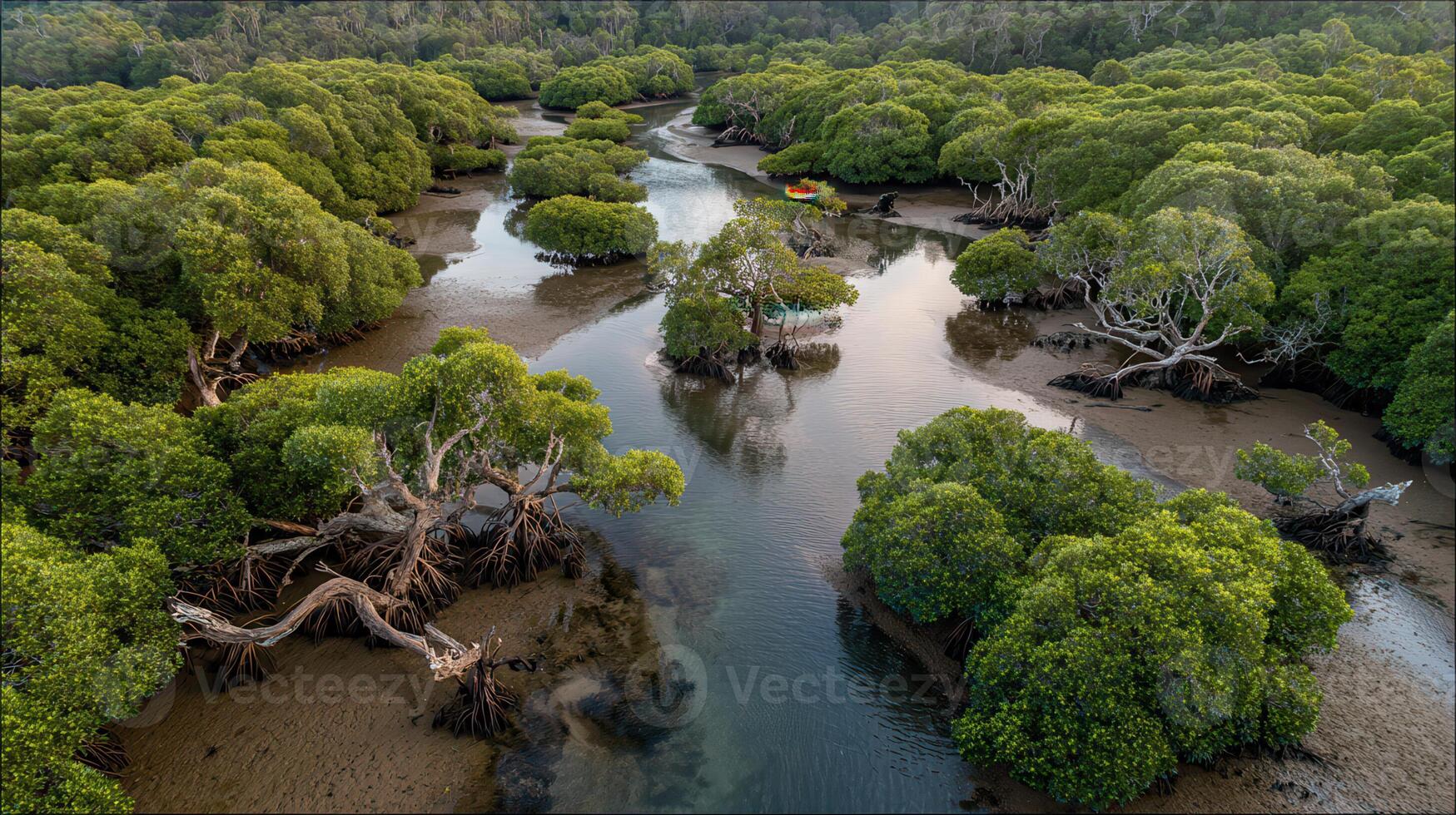 An aerial view of a river surrounded by trees photo