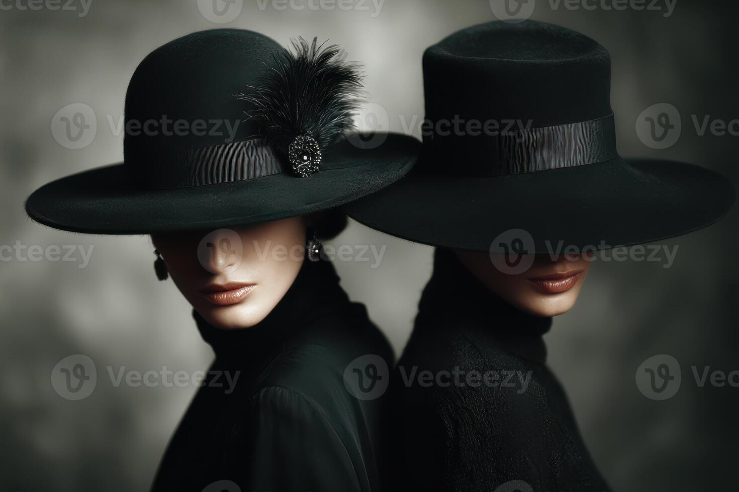 Two women wearing black hats and feathers photo