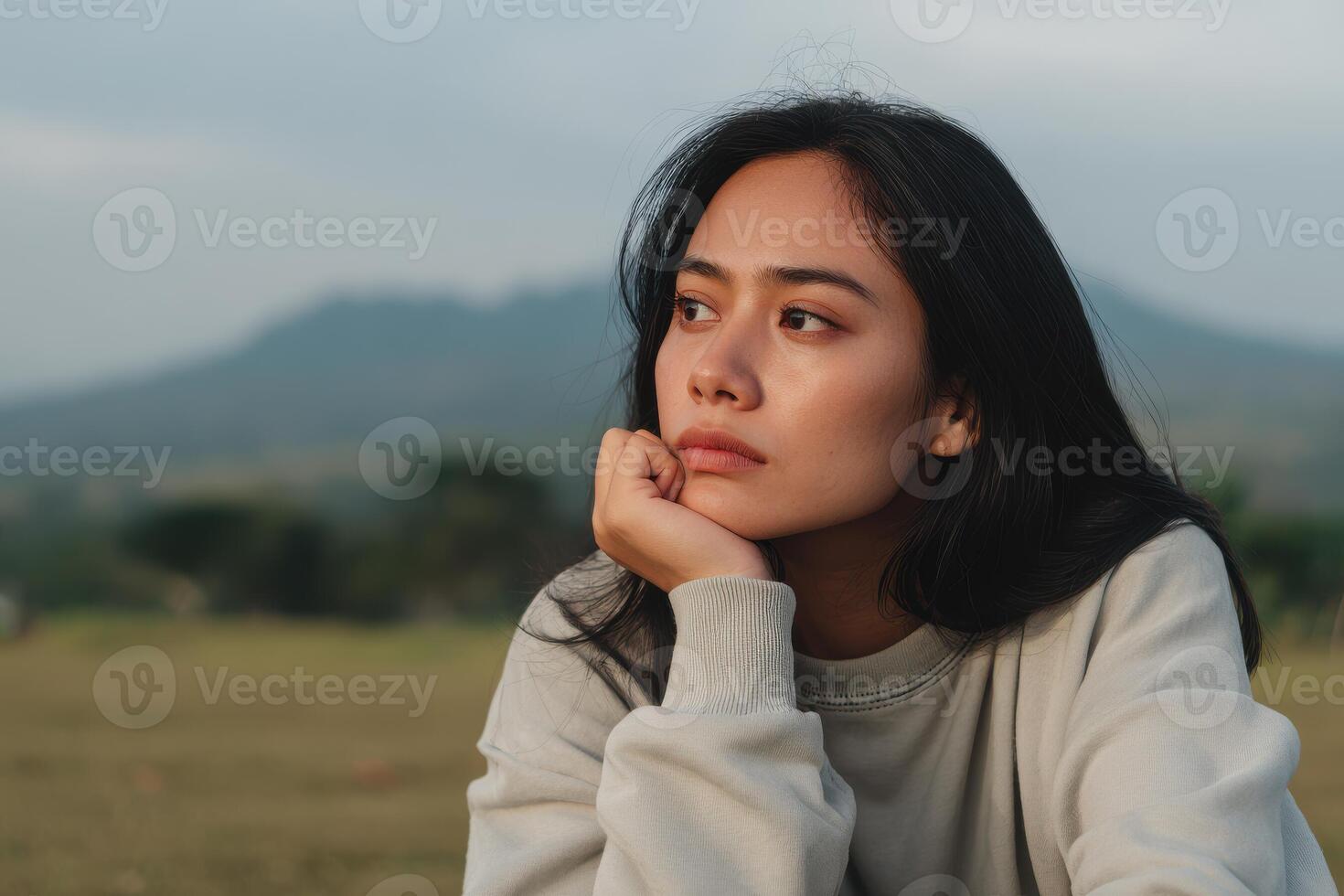 A woman sitting in a field with her hand on her chin photo