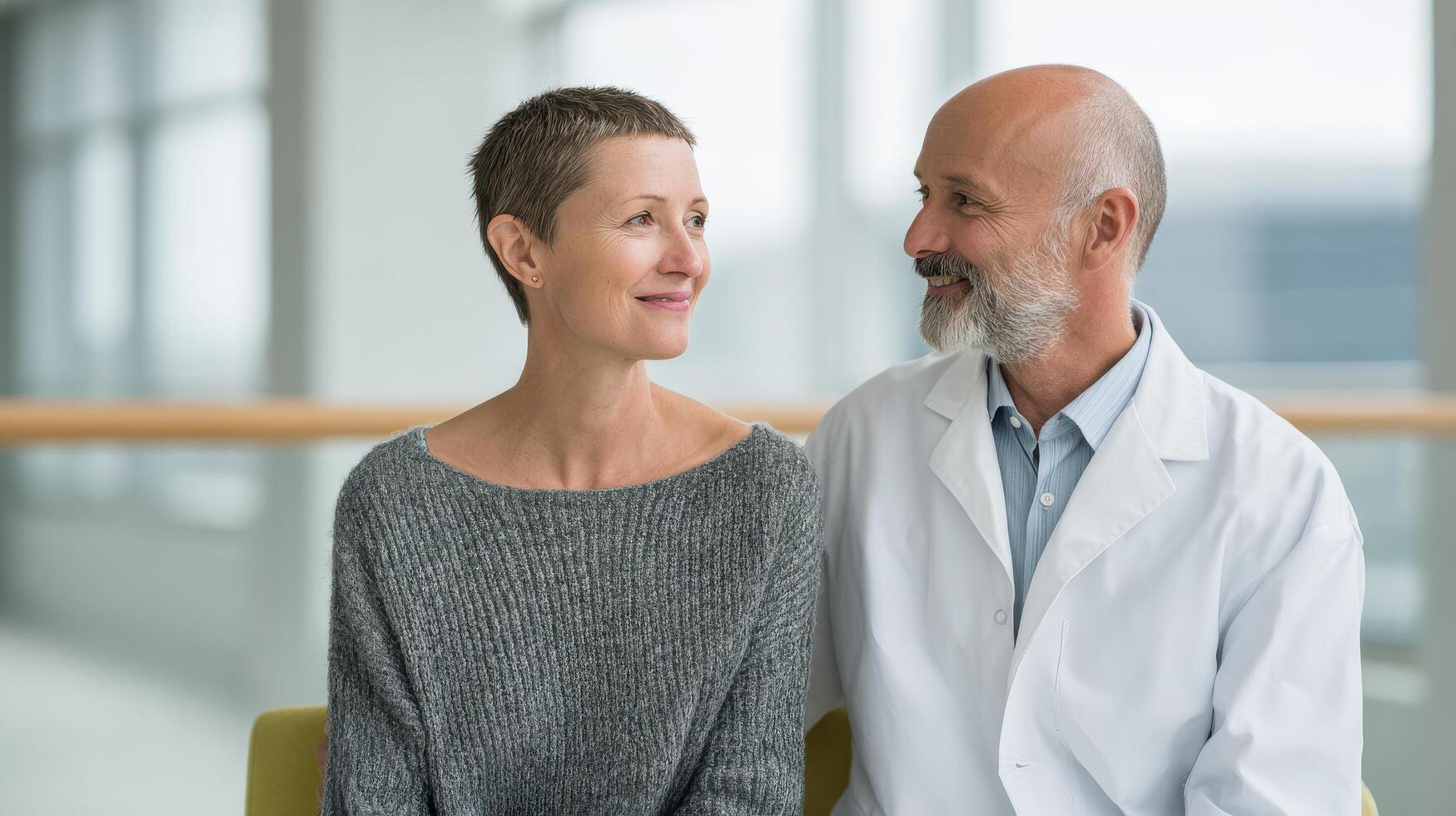 A man and woman sitting on a bench in an office photo
