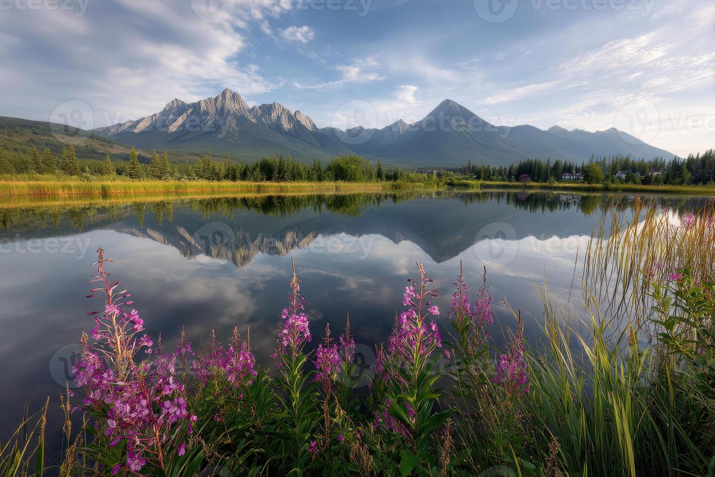 A lake with purple flowers and mountains in the background photo