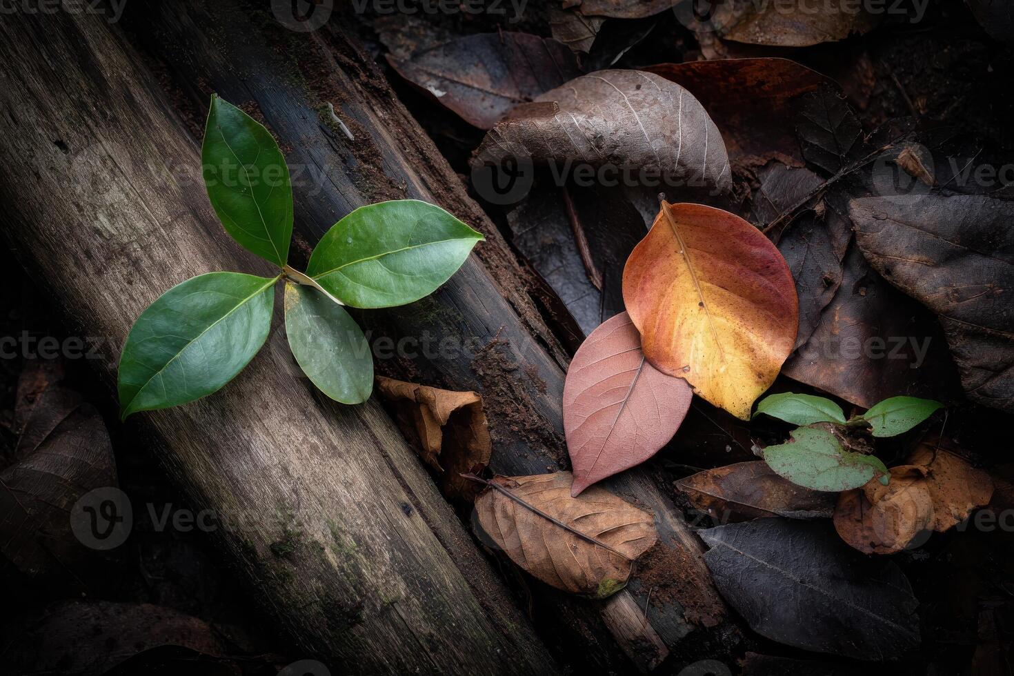 A leaf and a fallen tree are shown in the forest photo